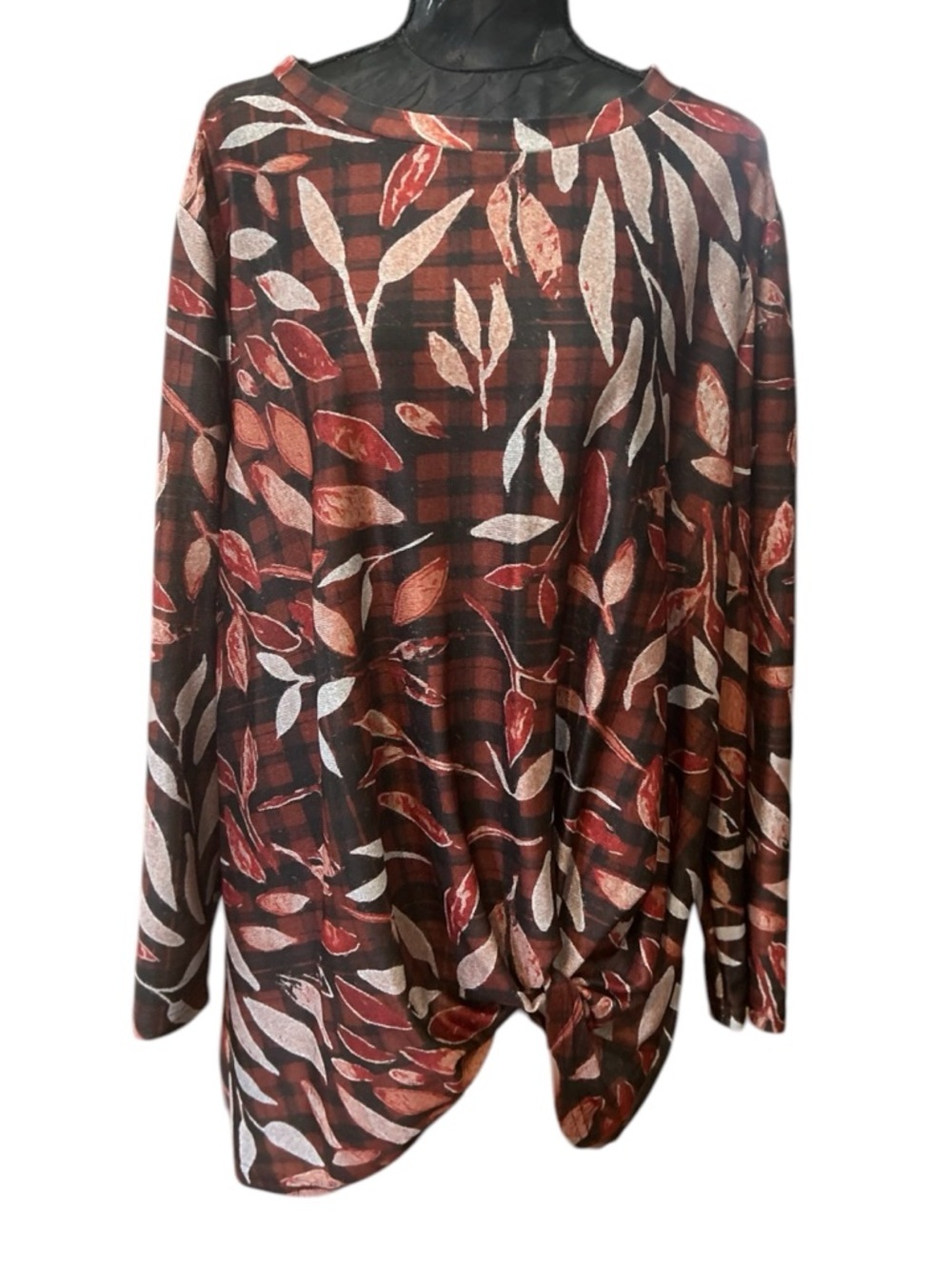 Lily by Firmiana Womens 3XL Leaf Print Knot Front Tunic Top Long Sleeve NWT